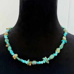 Vintage Y2K Genuine Turquoise Nugget Artisan Necklace Sterling Clasp Blue/ Green